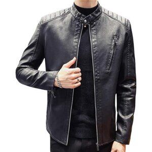 Mens Casual Stand Collar Slim Fit Faux Leather Jacket Biker Motorcycle Jacket
